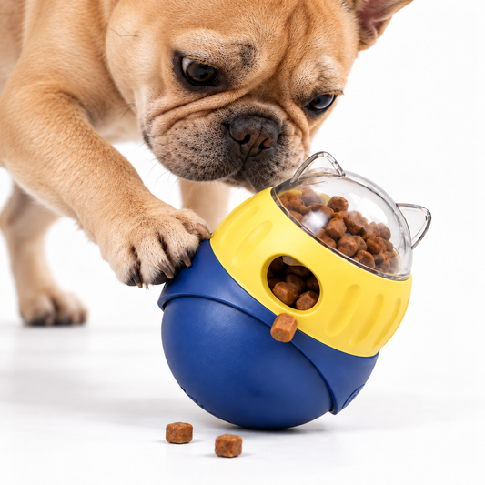Golden fawn French bulldog nudging the blue and yellow NEXORA Wobble Treat Ball with its paw