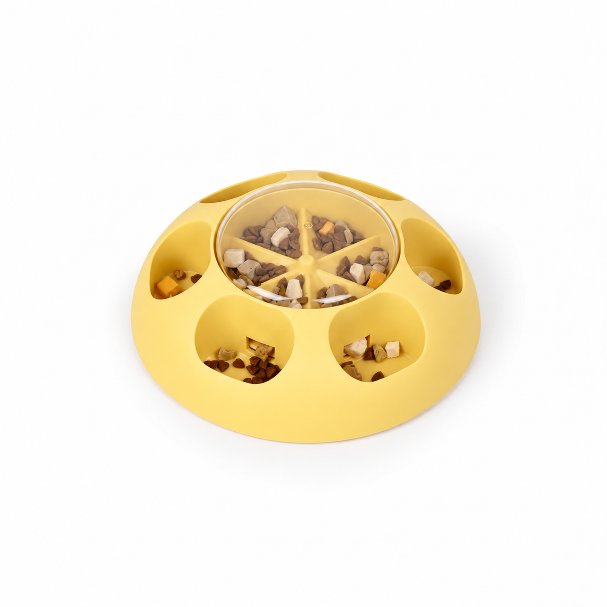 NEXORA Sunshine Yellow puzzle feeder, front angled view on white