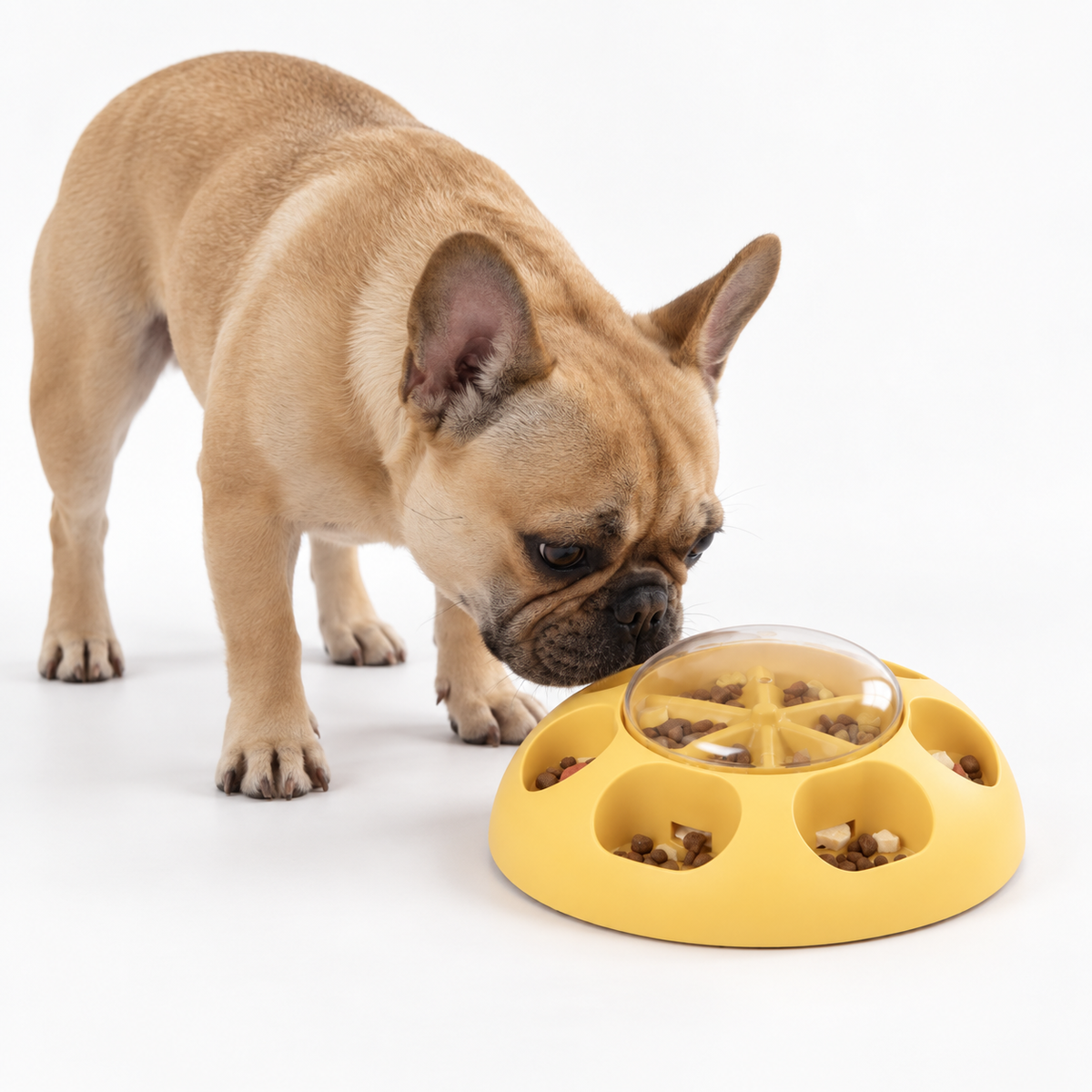 Golden fawn French Bulldog with yellow NEXORA puzzle feeder on a white background