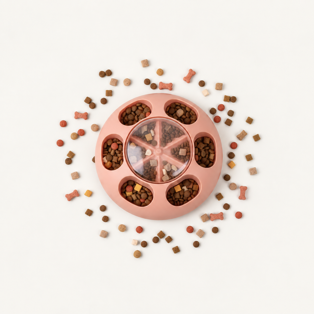 NEXORA Blush Pink puzzle feeder with treats, overhead view on warm ivory