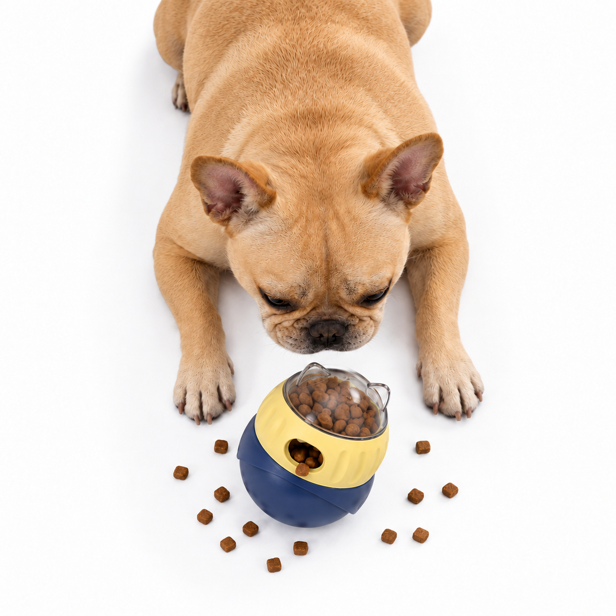 Top view of a golden fawn French bulldog with the NEXORA Wobble Treat Ball