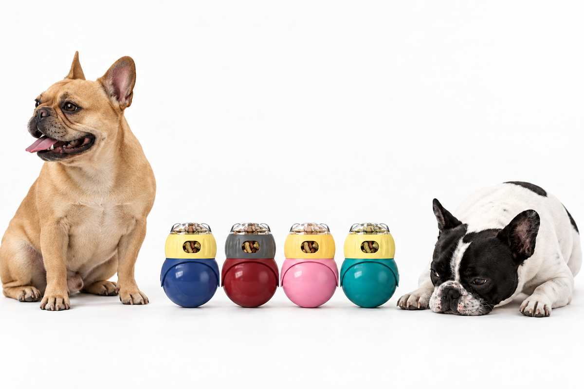 Golden fawn and black-and-white French bulldogs beside four NEXORA Wobble Treat Ball colors